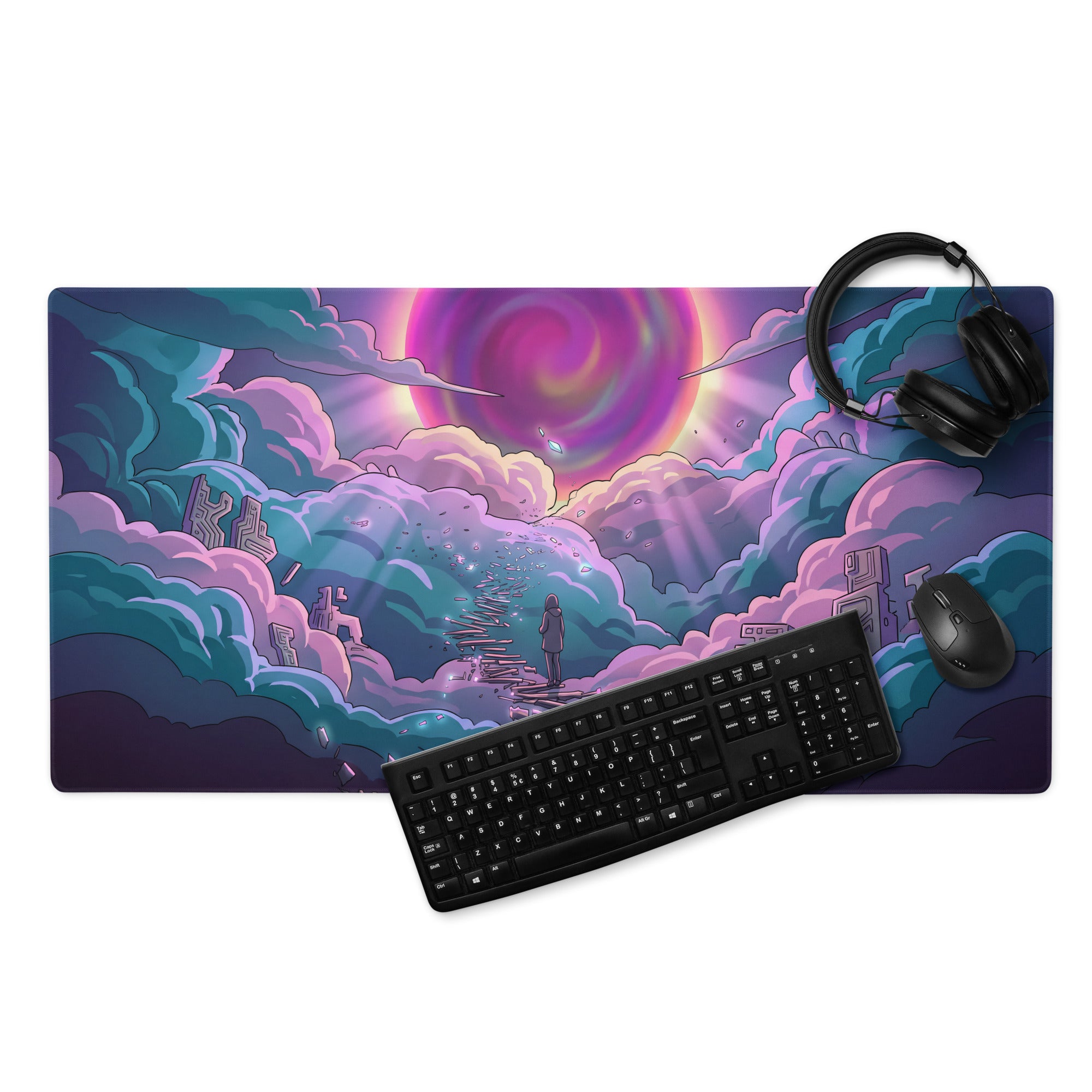 Vaporwave neon sky gaming mouse pad with vibrant purple and teal cloud cosmic design for desktop use