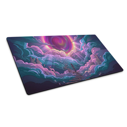 Vaporwave neon sky gaming mouse pad with vibrant cosmic surreal landscape in purple pink and cyan for desktop use