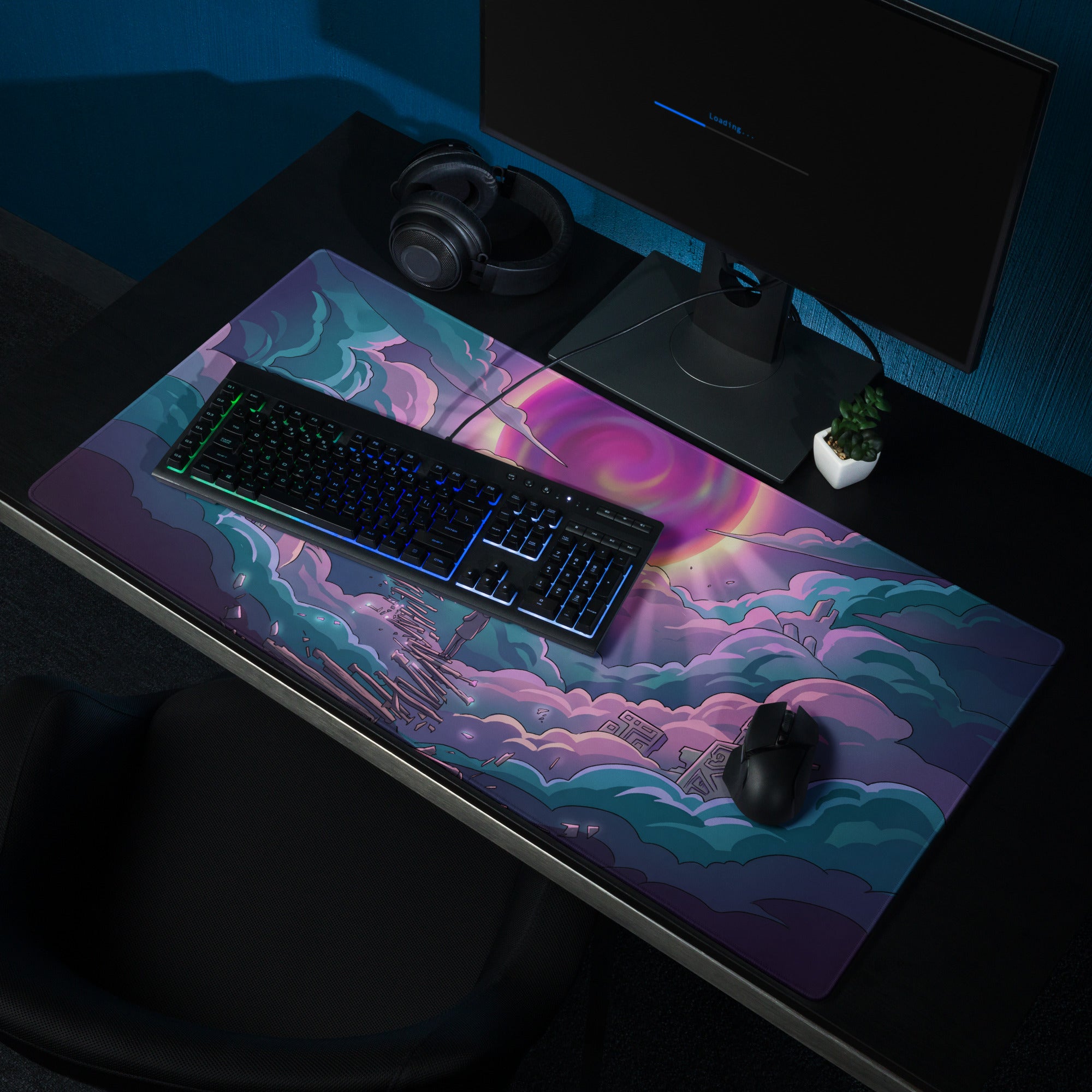 Vibrant vaporwave neon sky gaming mouse pad with swirling purple pink and cyan clouds over cityscape design