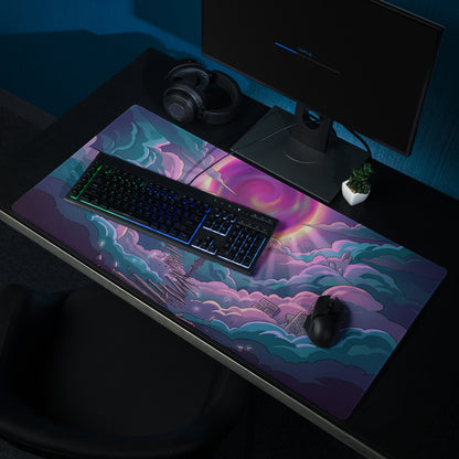 Vibrant vaporwave neon sky gaming mouse pad with swirling purple pink and cyan clouds over cityscape design