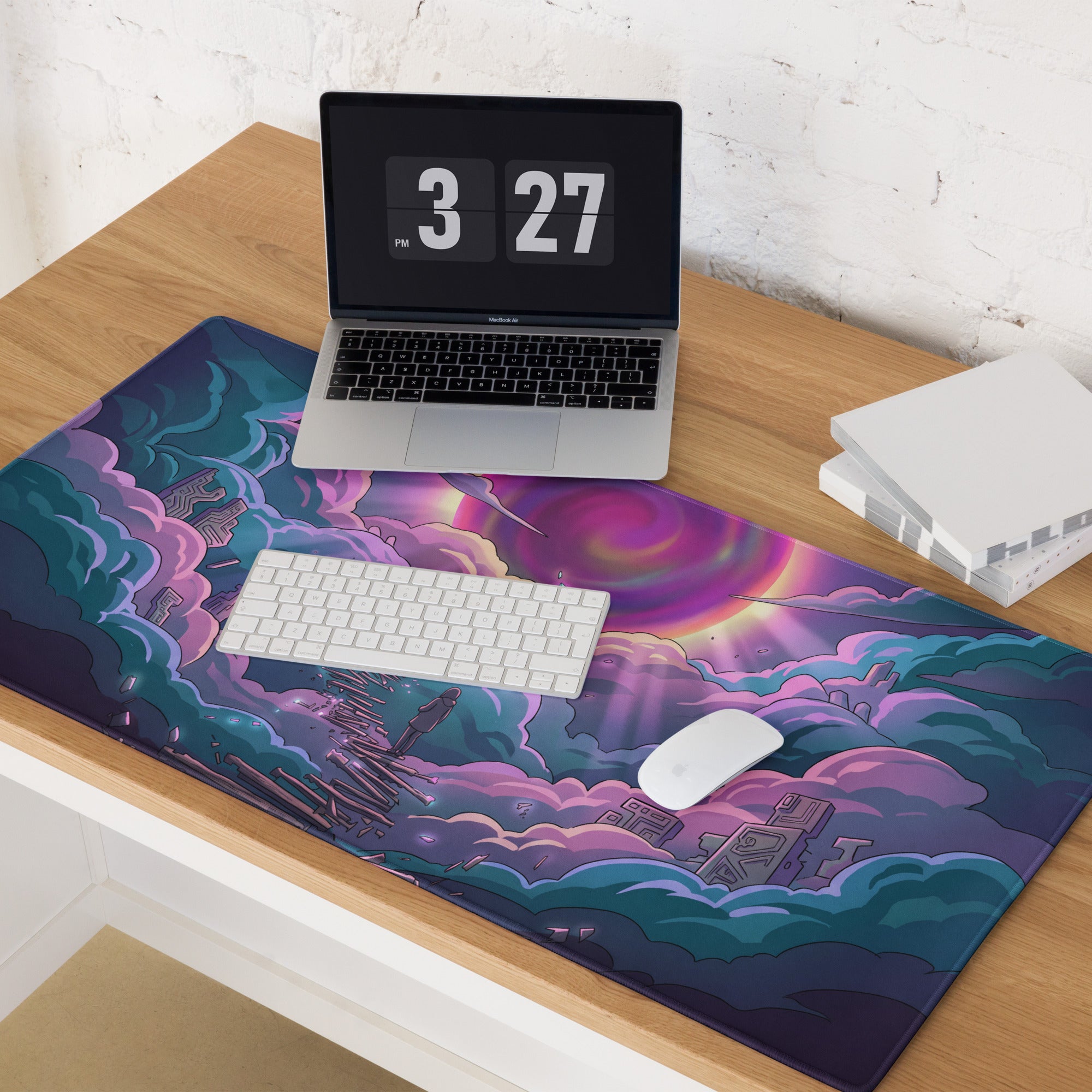Vaporwave neon sky gaming mouse pad with vibrant purple pink cyan cosmic nebula design for desktop use