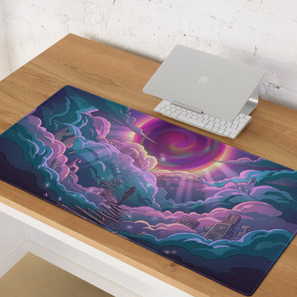 Vibrant purple and teal vaporwave neon sky gaming mouse pad with cosmic clouds ruins and swirling galaxy design