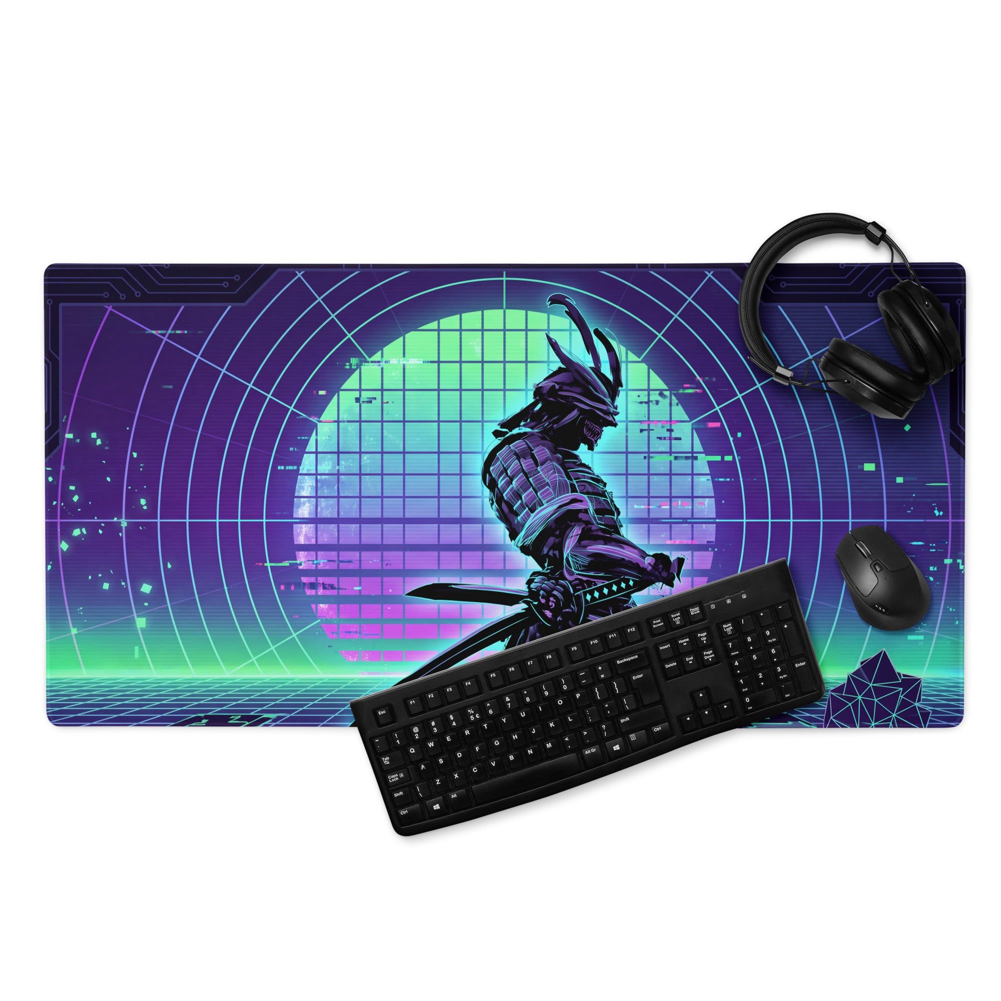 Rectangular gaming mousepad with purple neon gradient and samurai illustration on a glowing retro futuristic grid background