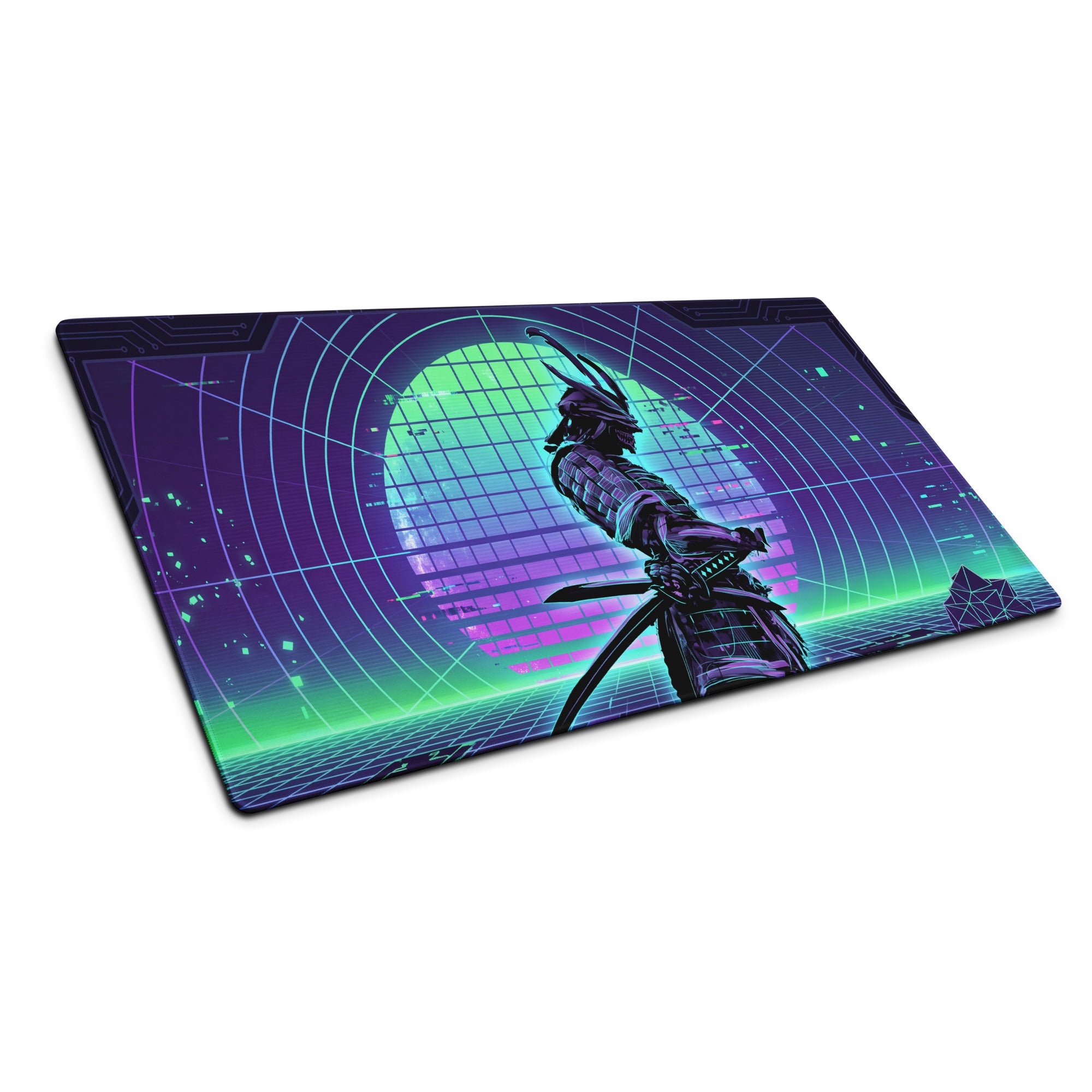 Vaporwave neon circuit gaming mouse pad with vibrant purple and green cyberpunk samurai design in futuristic armor
