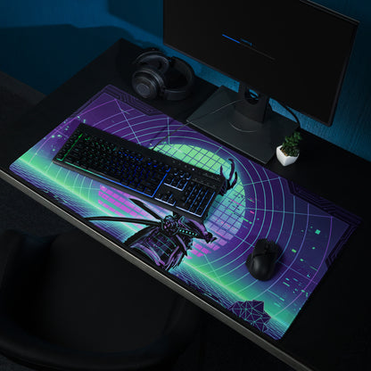 Vaporwave neon circuit pad gaming mouse pad with vibrant purple and green samurai cyberpunk design on glowing grid background