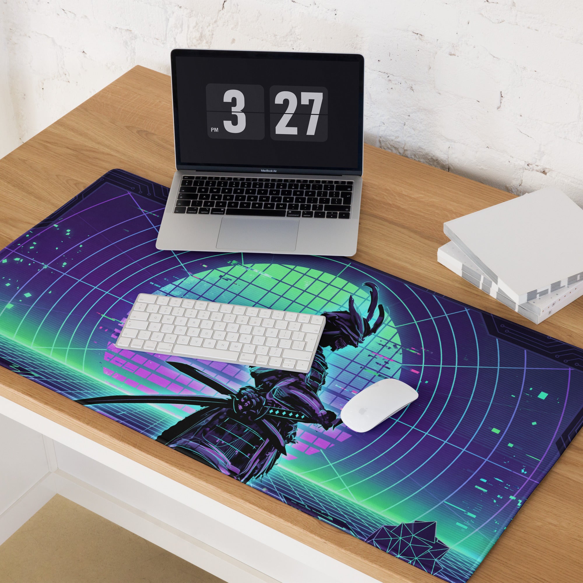 A vibrant purple neon vaporwave gaming mouse pad with a futuristic samurai design and green gradients on dark background