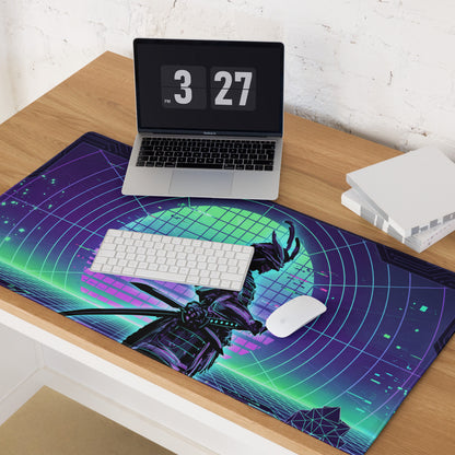 A vibrant purple neon vaporwave gaming mouse pad with a futuristic samurai design and green gradients on dark background