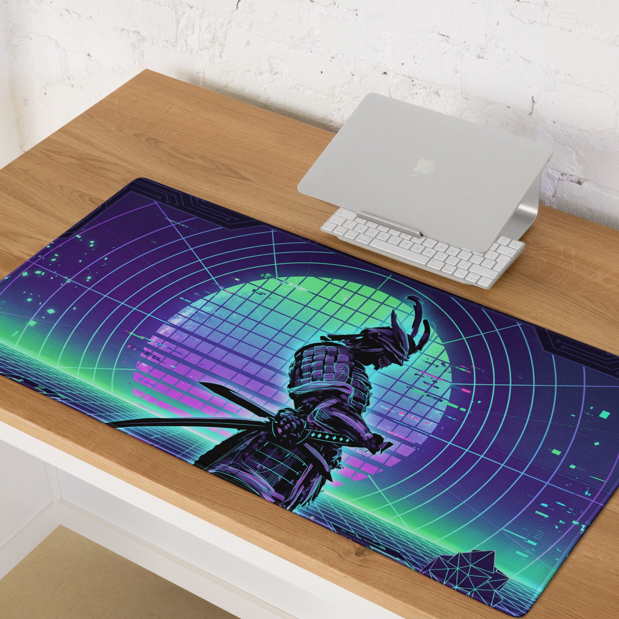 Vaporwave neon circuit pad gaming mouse pad with vibrant purple and green samurai design on glowing grid background
