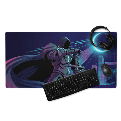 Navy blue and purple retro-futuristic gaming mouse pad with hooded warrior in metallic armor and neon cityscape background
