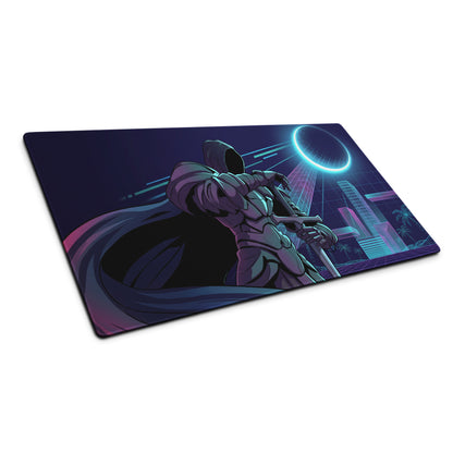 Neon vaporwave cyber gaming mouse pad with nebula theme featuring hooded figure in dark armor and vibrant blue purple hues