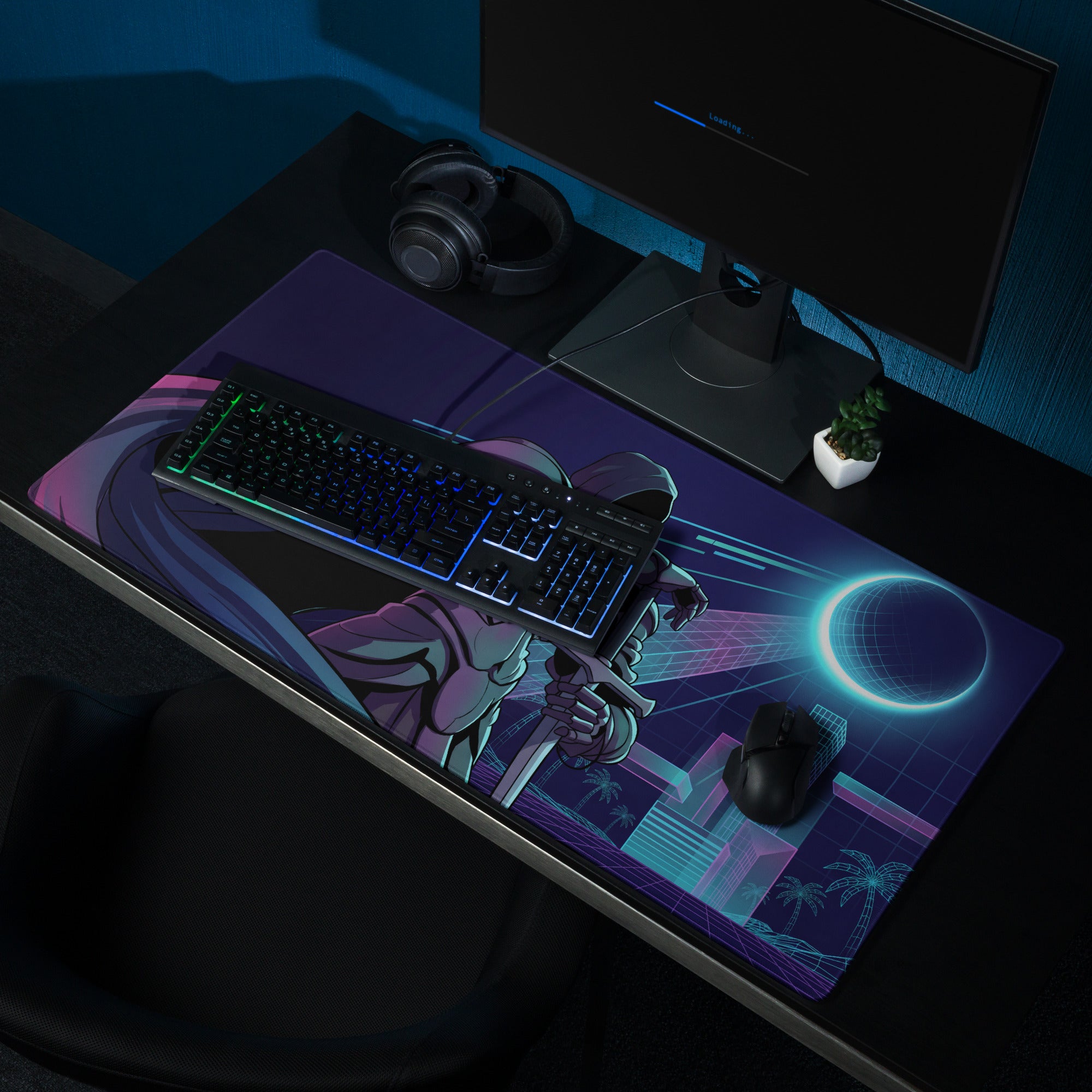 Navy blue and purple anime-themed gaming mousepad with futuristic character design neon vaporwave cyber style