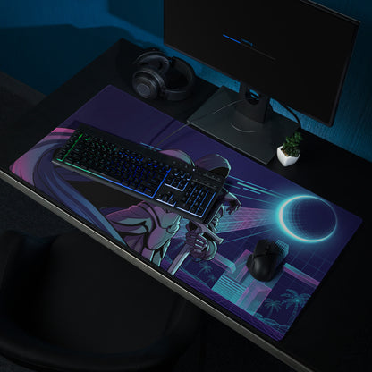 Navy blue and purple anime-themed gaming mousepad with futuristic character design neon vaporwave cyber style