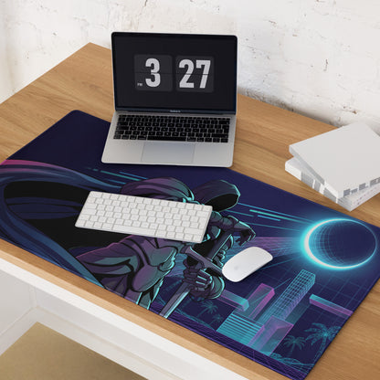Navy blue neon vaporwave gaming mouse pad with futuristic cyberpunk design featuring hooded figure and cityscape backdrop