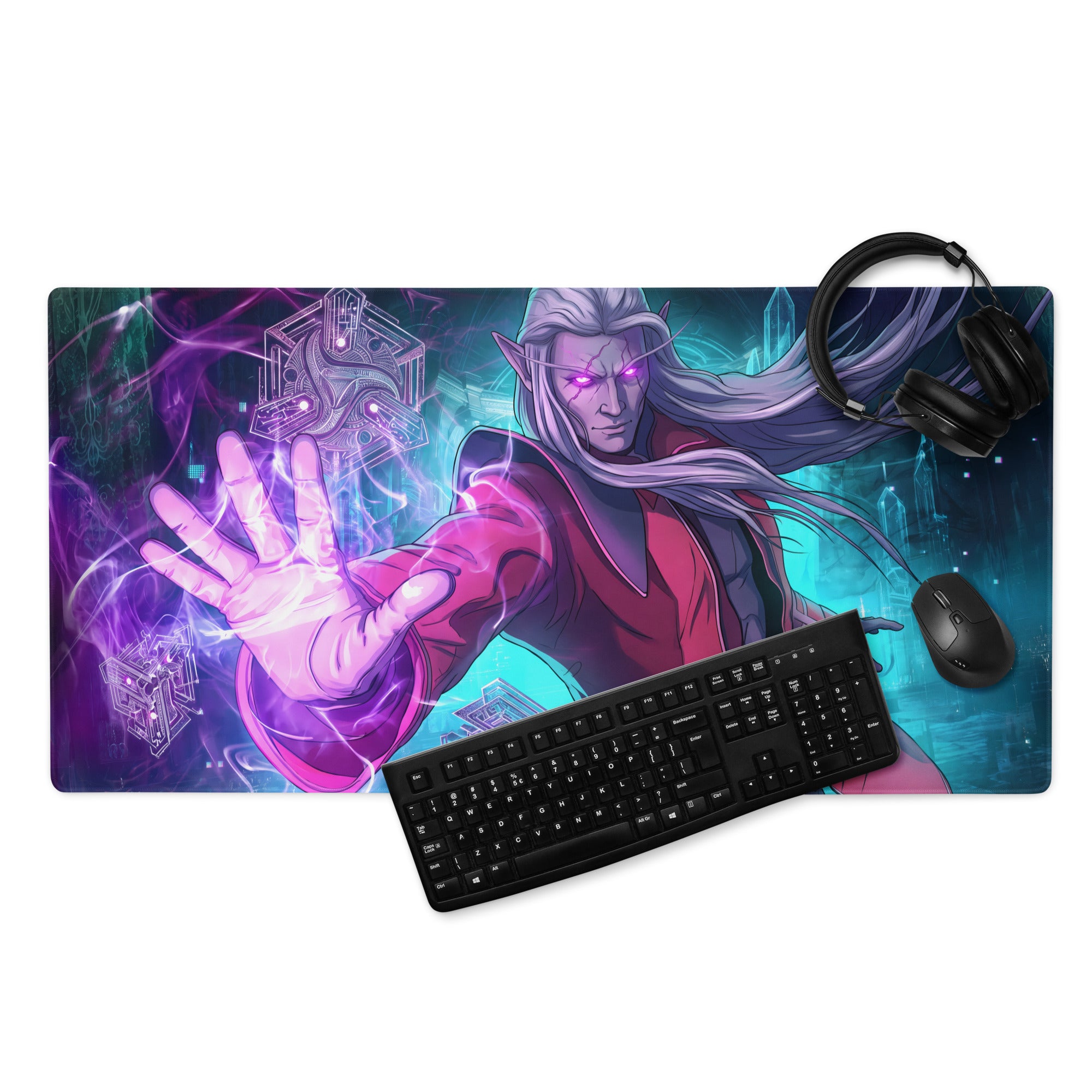 Vaporwave neon warrior mouse pad in purple and teal featuring a fantasy character with glowing eyes and silver hair