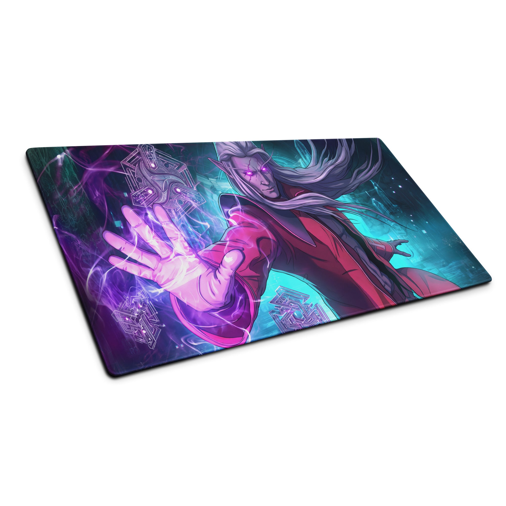 Vibrant purple and teal vaporwave neon warrior mouse pad featuring a fantasy character with glowing eyes and cyberpunk art