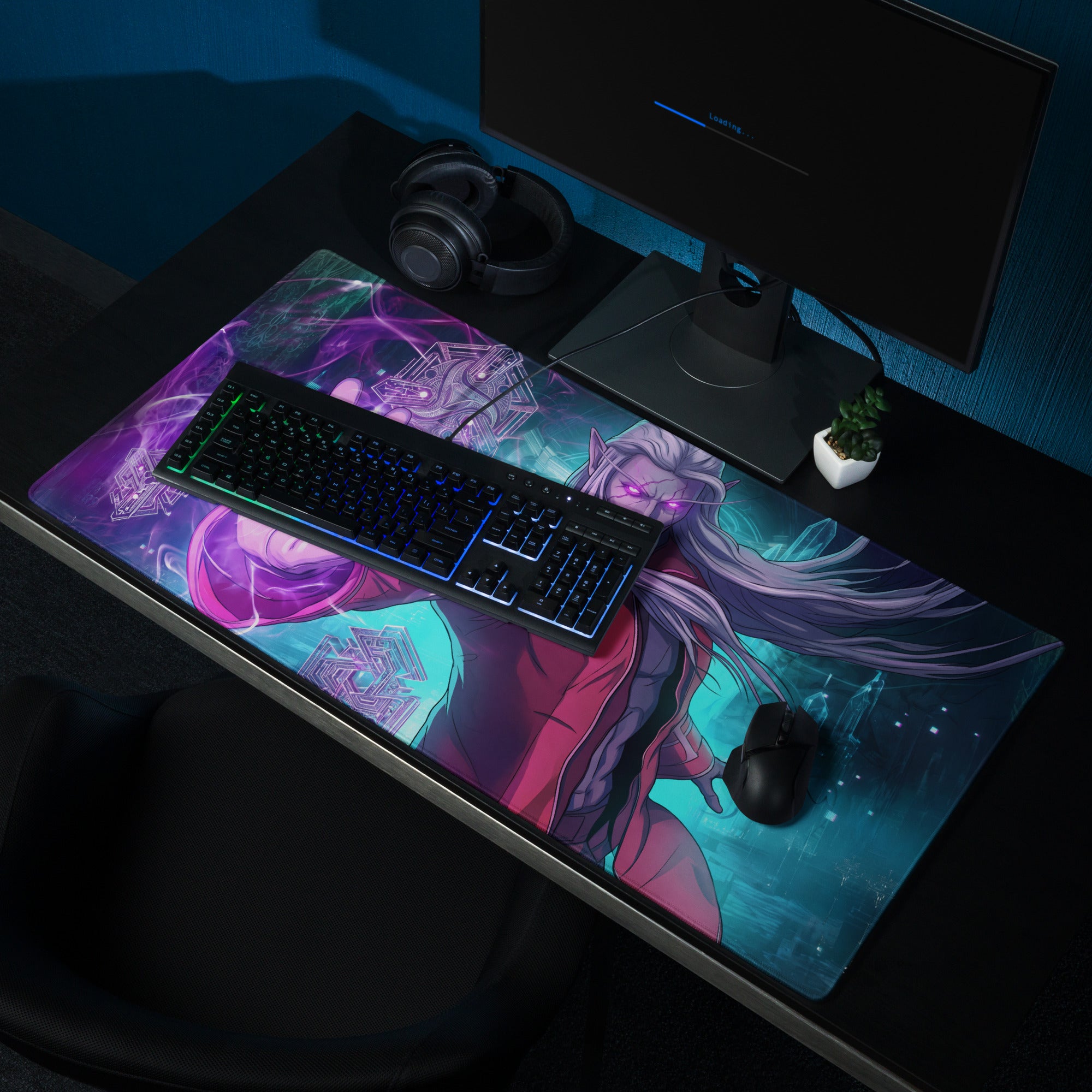 Vaporwave neon warrior mouse pad featuring vibrant purple and teal colors with anime elf character digital art