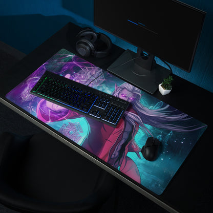 Vaporwave neon warrior mouse pad featuring vibrant purple and teal colors with anime elf character digital art