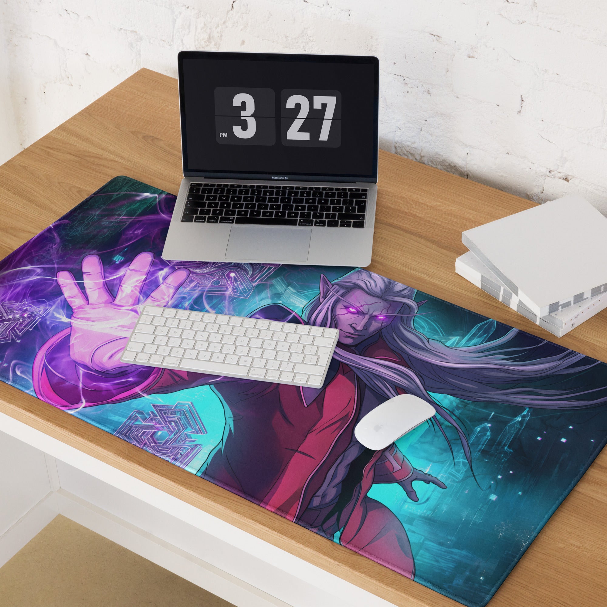 Vaporwave neon warrior mouse pad with vibrant purple and teal elf-themed cyberpunk digital art design