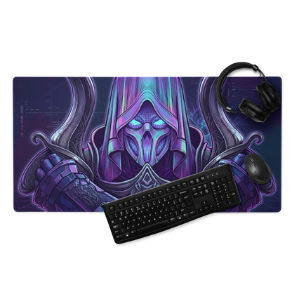 Neon vaporwave gaming mouse pad with vibrant purple and blue neon colors and stylized hooded warrior design