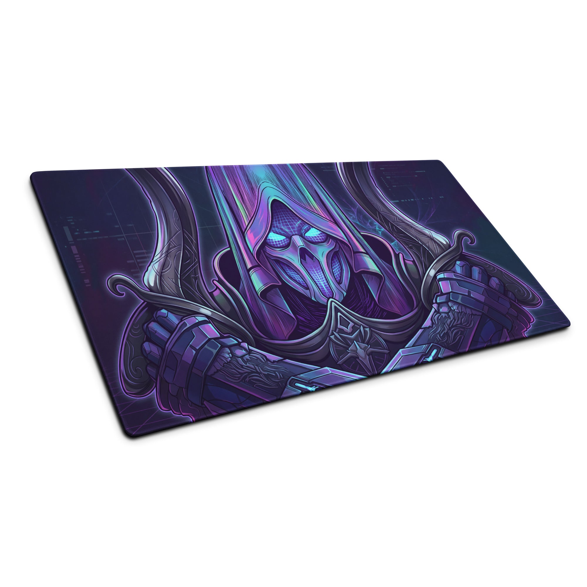 Neon vaporwave gaming mouse pad with purple and blue design featuring a hooded armored figure with glowing eyes