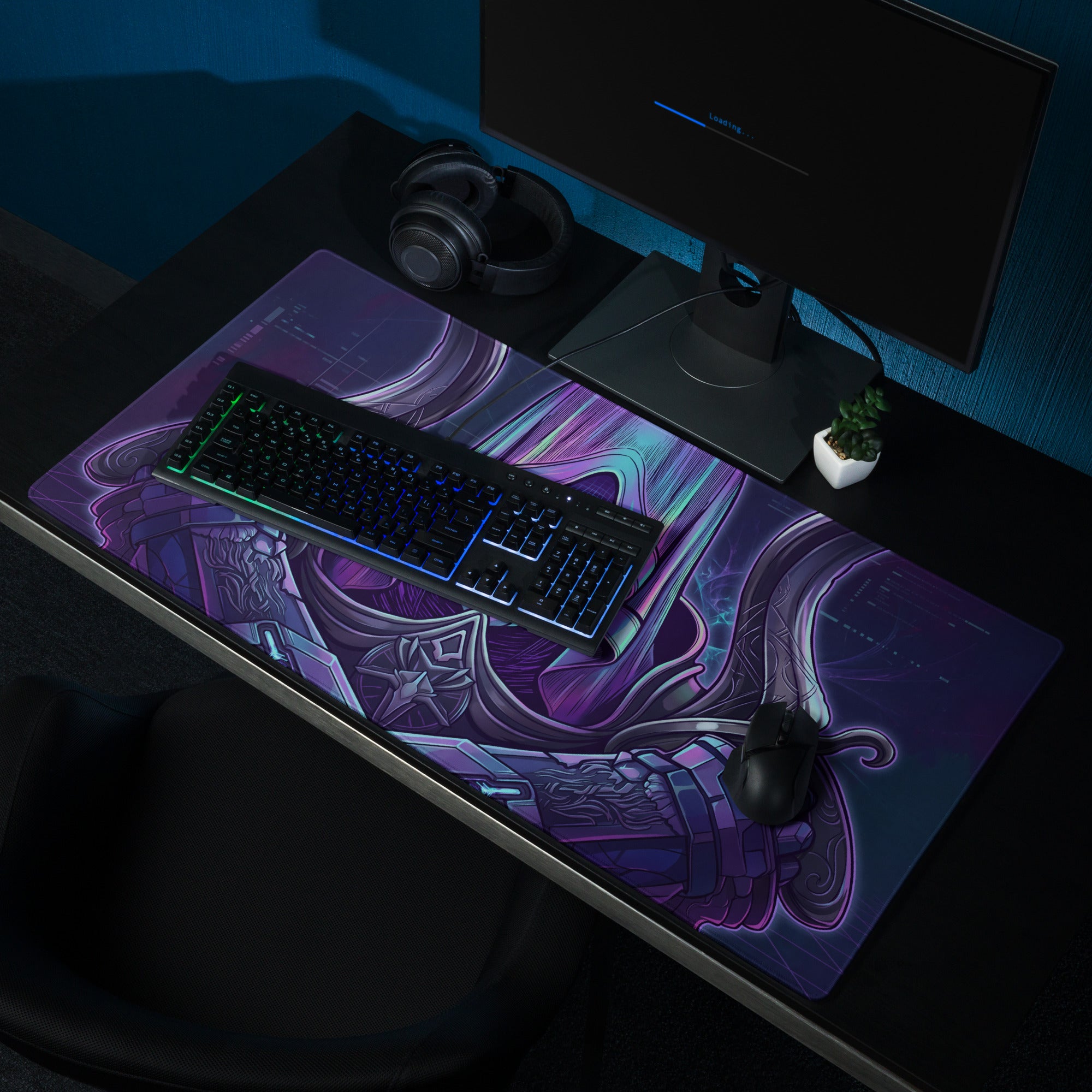 Neon vaporwave gaming mouse pad in purple and teal with intricate fantasy armor design for cyberpunk desk setup