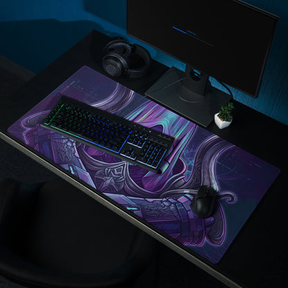 Neon vaporwave gaming mouse pad in purple and teal with intricate fantasy armor design for cyberpunk desk setup