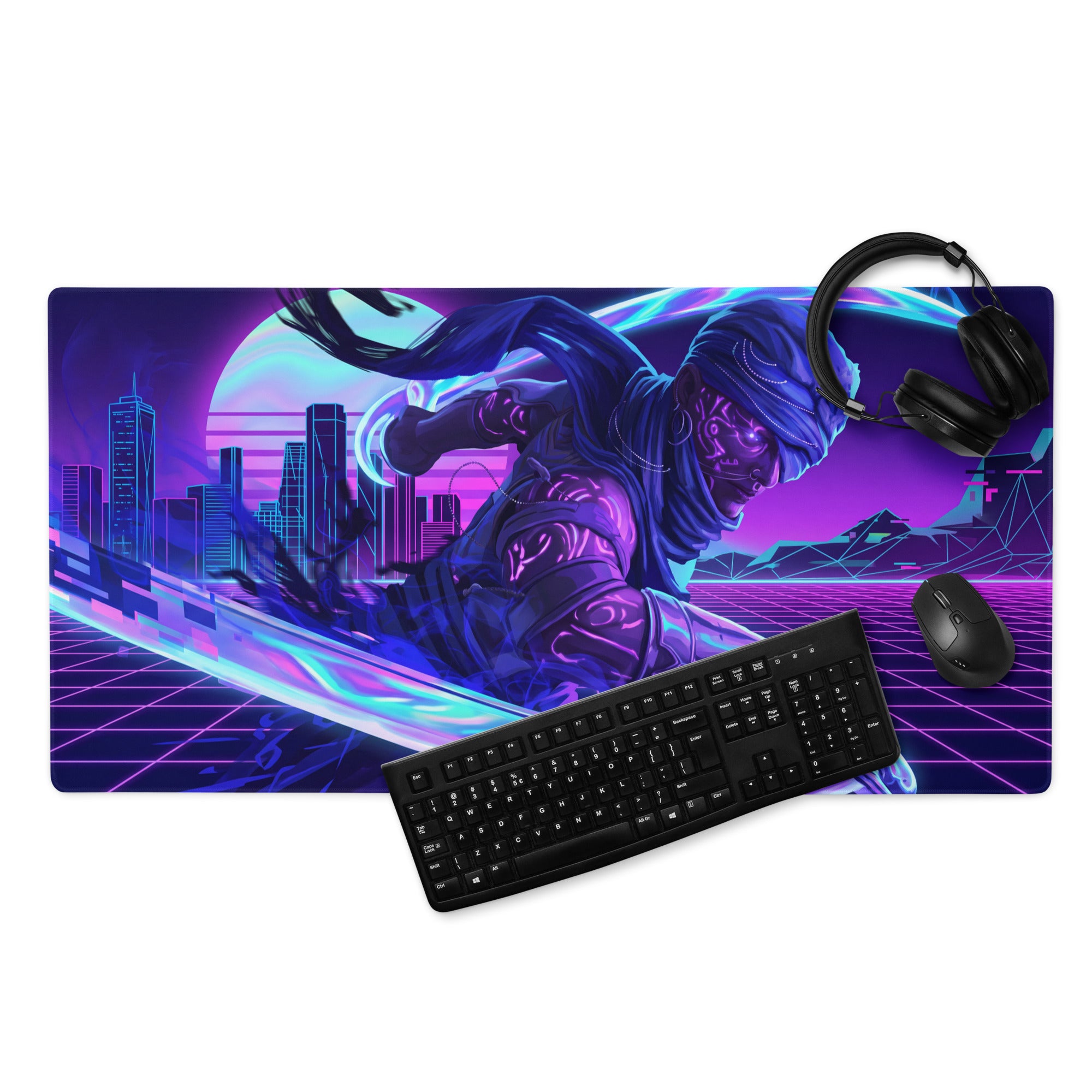Neon vaporwave nightscape gaming mouse pad with vibrant purple and blue neon cyberpunk design for retrofuturistic desks