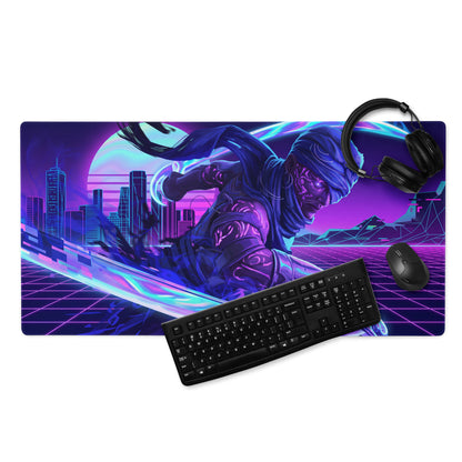 Neon vaporwave nightscape gaming mouse pad with vibrant purple and blue neon cyberpunk design for retrofuturistic desks