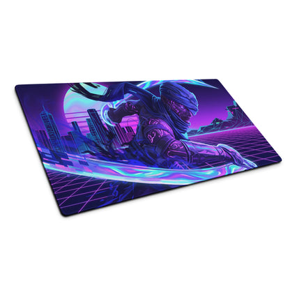 Neon vaporwave nightscape mouse pad featuring a vibrant purple and neon blue retro-futuristic ninja design for gaming