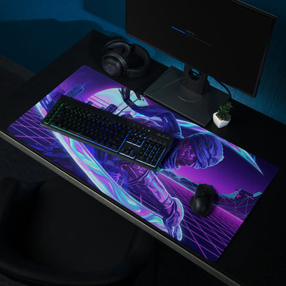 Neon vaporwave nightscape gaming mouse pad with purple and blue neon futuristic character design for desk decor