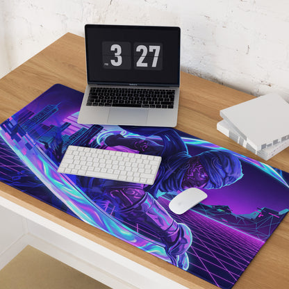 Vibrant purple and blue neon vaporwave nightscape gaming mouse pad featuring a futuristic character design