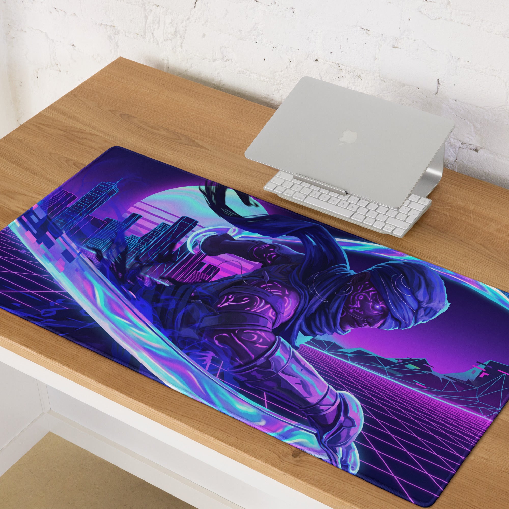 Neon vaporwave nightscape gaming mouse pad with vibrant purple and neon blue cyberpunk armored figure design