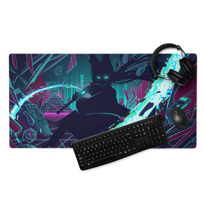 Neon vaporwave gaming mouse pad with ninja-themed cyberpunk design in teal magenta and black featuring glowing-eyed sword character