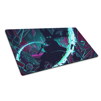 Neon vaporwave gaming mouse pad with ninja theme featuring vibrant teal magenta and black neon vaporwave design
