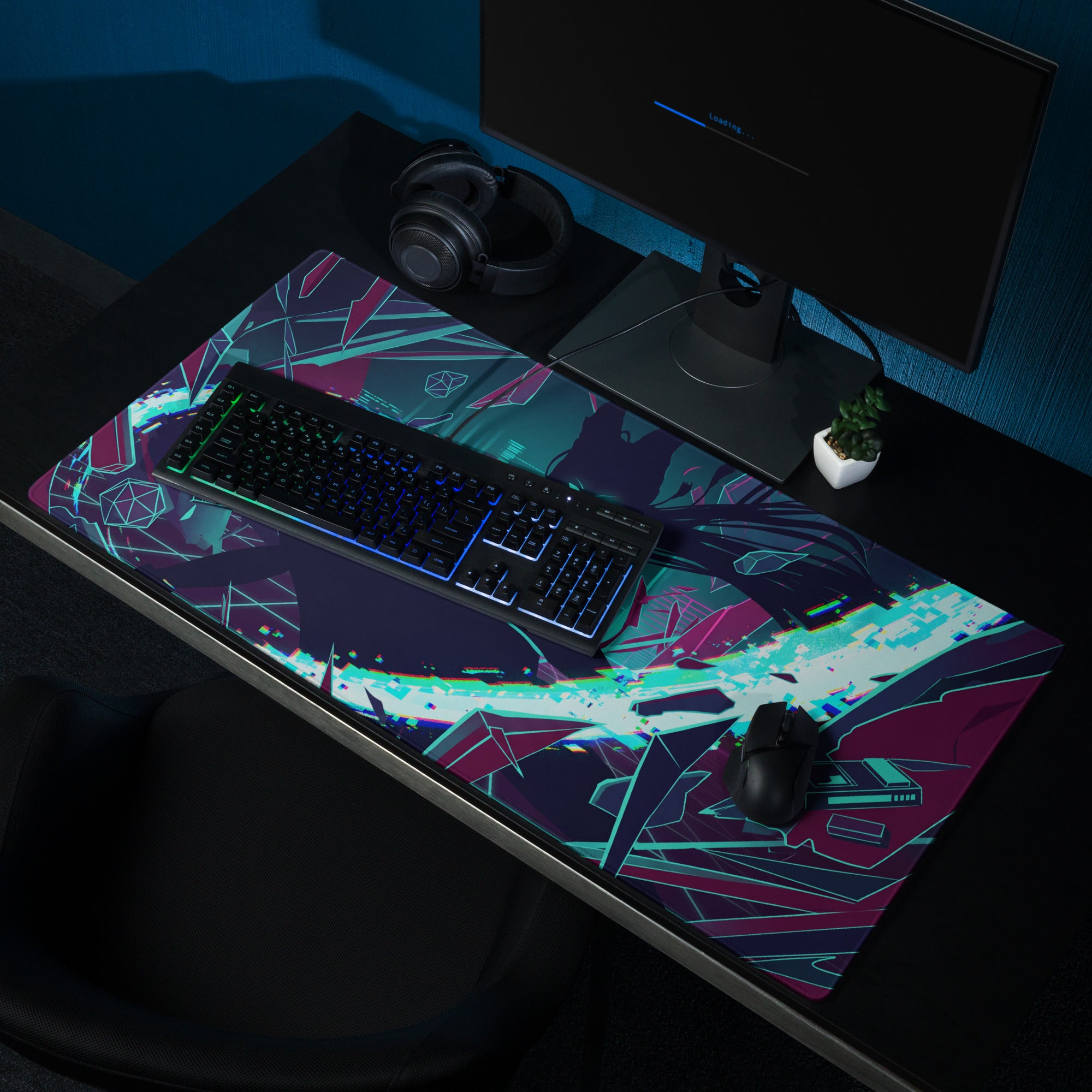 A vibrant neon vaporwave gaming mousepad with a dark purple base and teal magenta white geometric pattern design