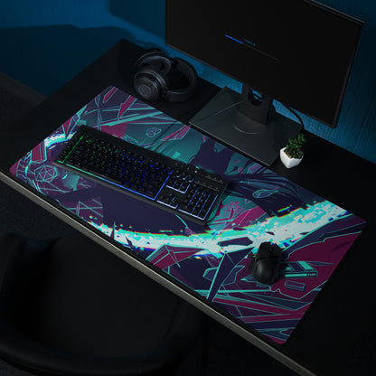 A vibrant neon vaporwave gaming mousepad with a dark purple base and teal magenta white geometric pattern design