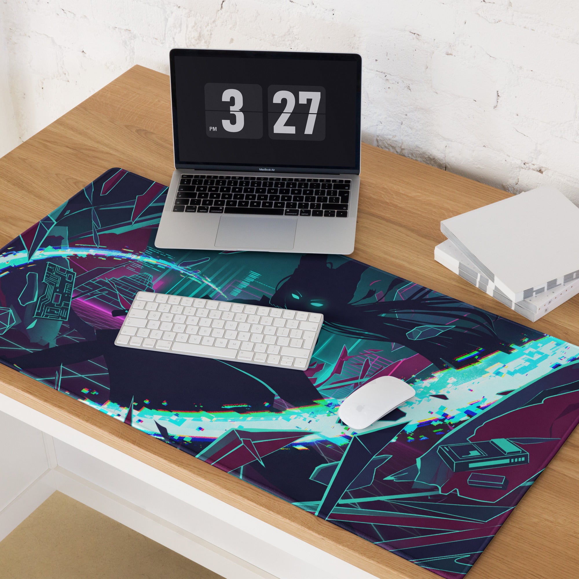 Neon vaporwave gaming mouse pad with vibrant teal magenta purple neon geometric patterns on dark cyberpunk background