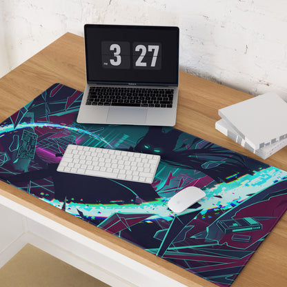 Neon vaporwave gaming mouse pad with vibrant teal magenta purple neon geometric patterns on dark cyberpunk background