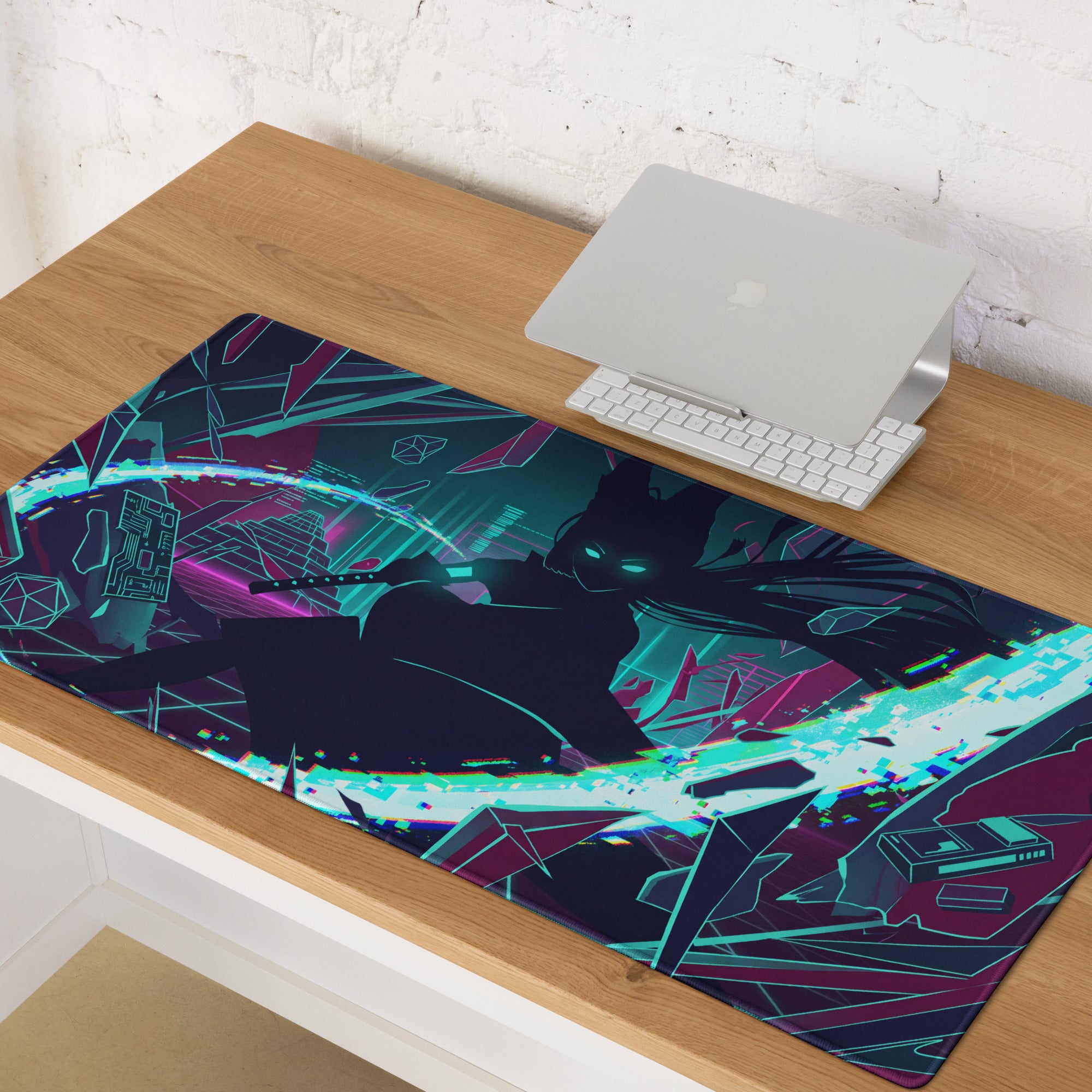 Neon vaporwave gaming mouse pad in navy blue and teal with anime character glowing green eyes and digital glitch effects