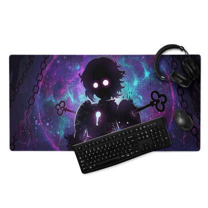 Vaporwave neon gaming mouse pad with vibrant purple and teal cosmic design featuring chains, glowing keys, and anime silhouette