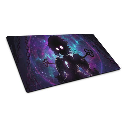 Purple and teal galaxy-themed vaporwave neon gaming mousepad with silhouette character holding keys on cosmic backdrop