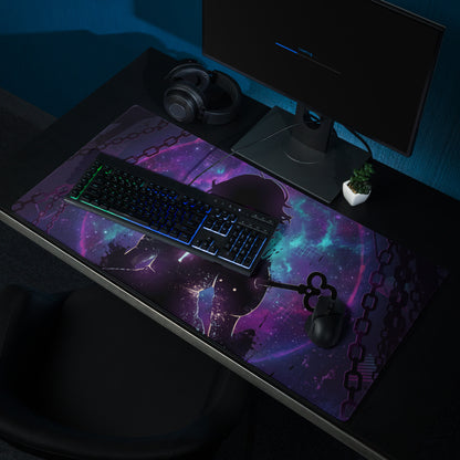 Vibrant purple and teal galaxy-themed vaporwave neon gaming mouse pad with anime silhouette and glowing chains design