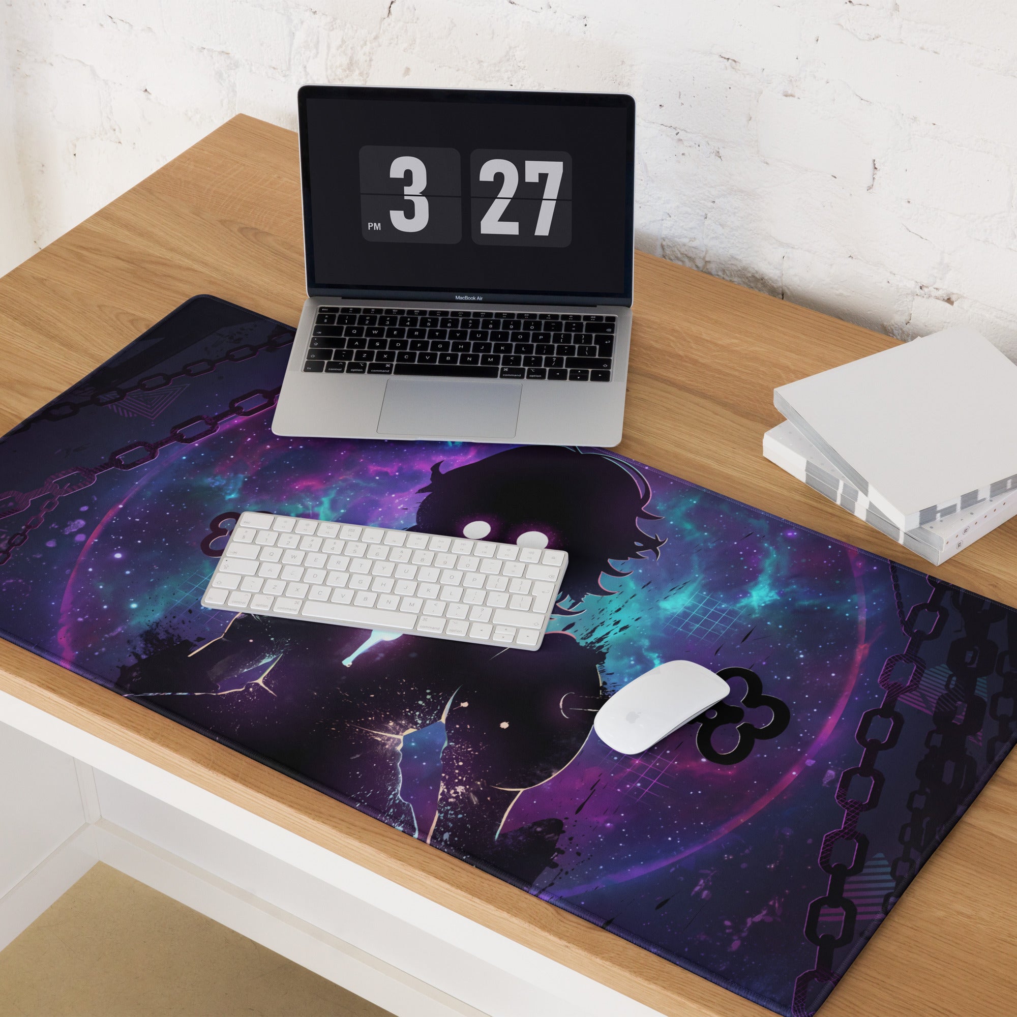 Vaporwave neon gaming mouse pad with vibrant purple and teal galaxy design and glowing anime silhouette for gaming desks
