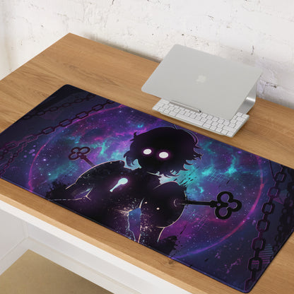 Vaporwave neon gaming mouse pad with black anime silhouette holding keys on purple and teal galaxy nebula background