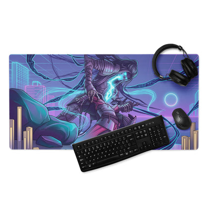 Neon vaporwave gaming mouse pad with vibrant purple and blue cyberpunk warrior design and glowing cyan energy effects