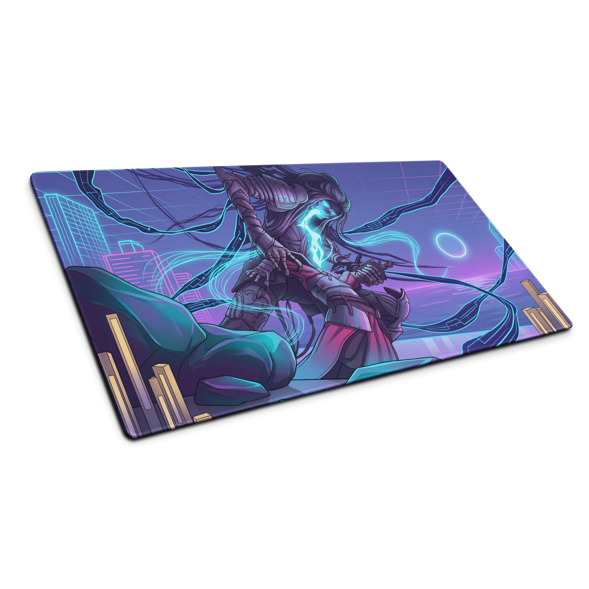 Neon vaporwave gaming mouse pad with nebula theme, cyberpunk warrior, glowing blue energy, purple teal cityscape design