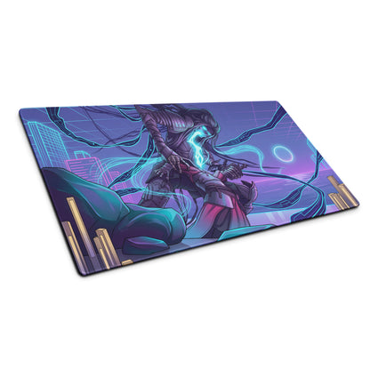 Neon vaporwave gaming mouse pad with nebula theme, cyberpunk warrior, glowing blue energy, purple teal cityscape design