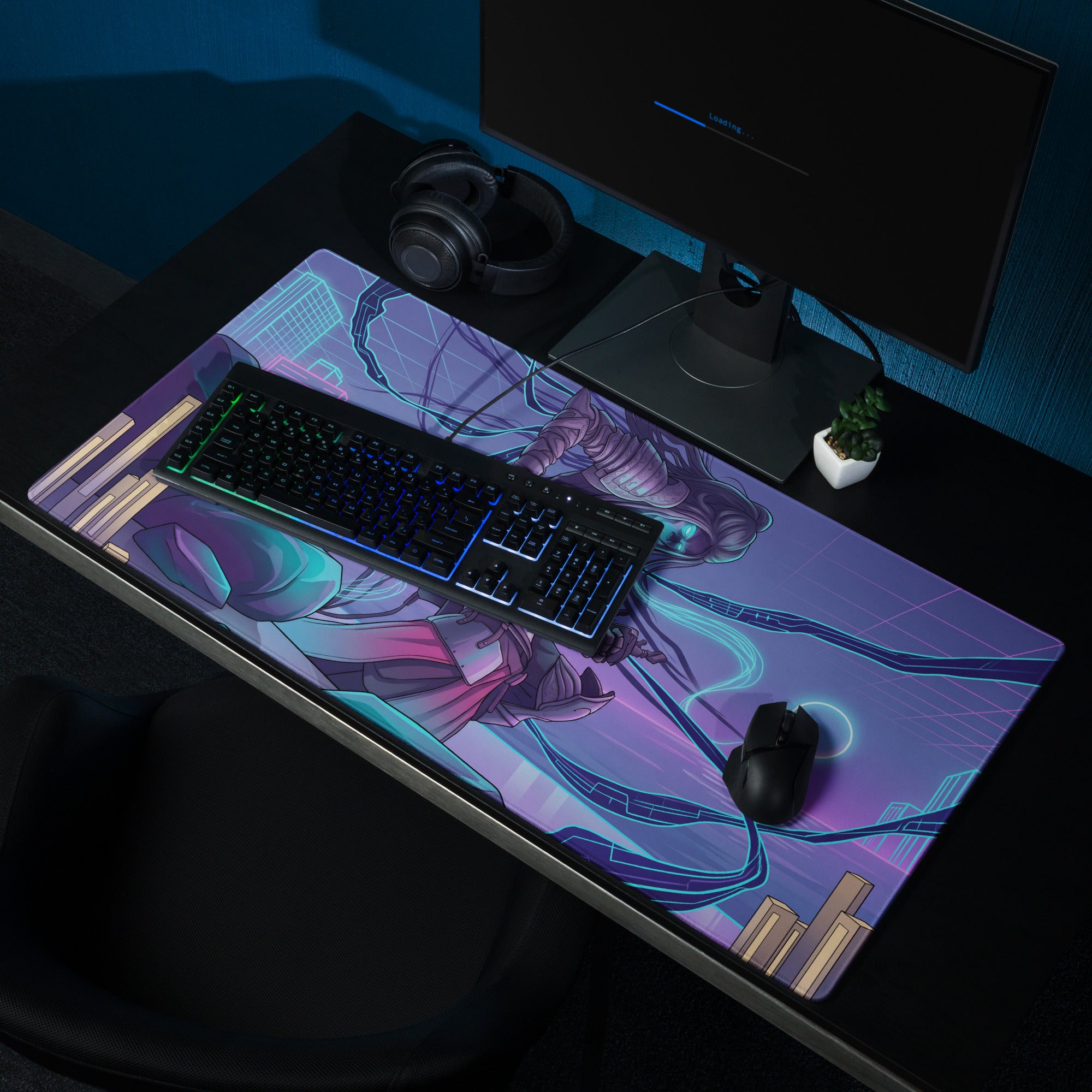 A vibrant purple and teal neon vaporwave gaming mouse pad with a stylized anime character design for cyberpunk desks