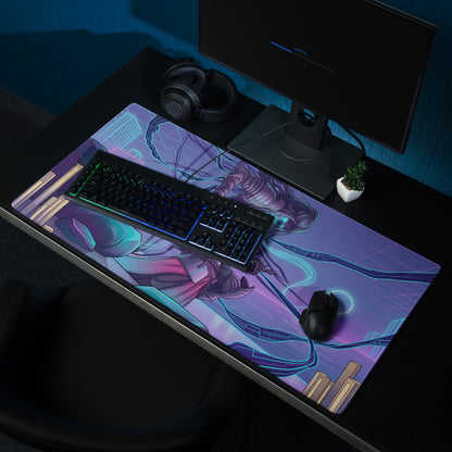 A vibrant purple and teal neon vaporwave gaming mouse pad with a stylized anime character design for cyberpunk desks