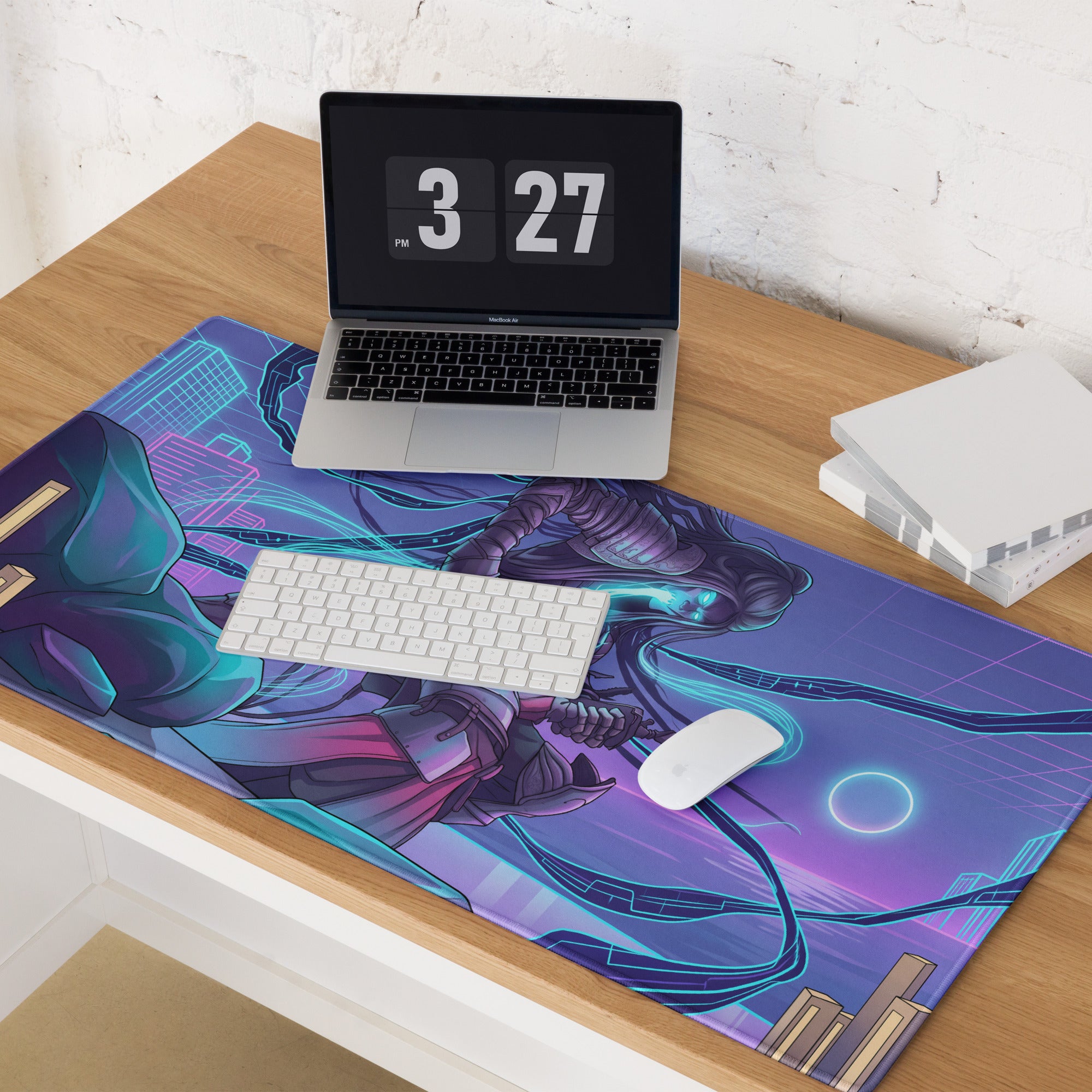 Neon vaporwave gaming mouse pad with vibrant purple and blue neon cyberpunk character design for energetic desk setup